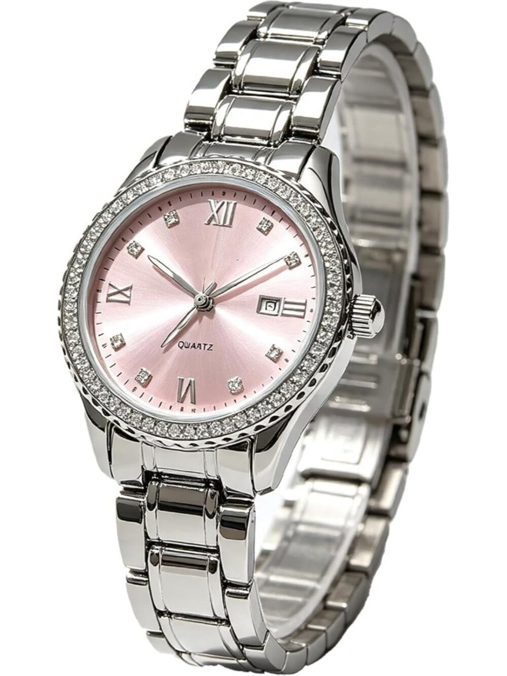 Women's Silver Powder Stainless Steel Bracelet Rhinestone Bezel Analog Watches